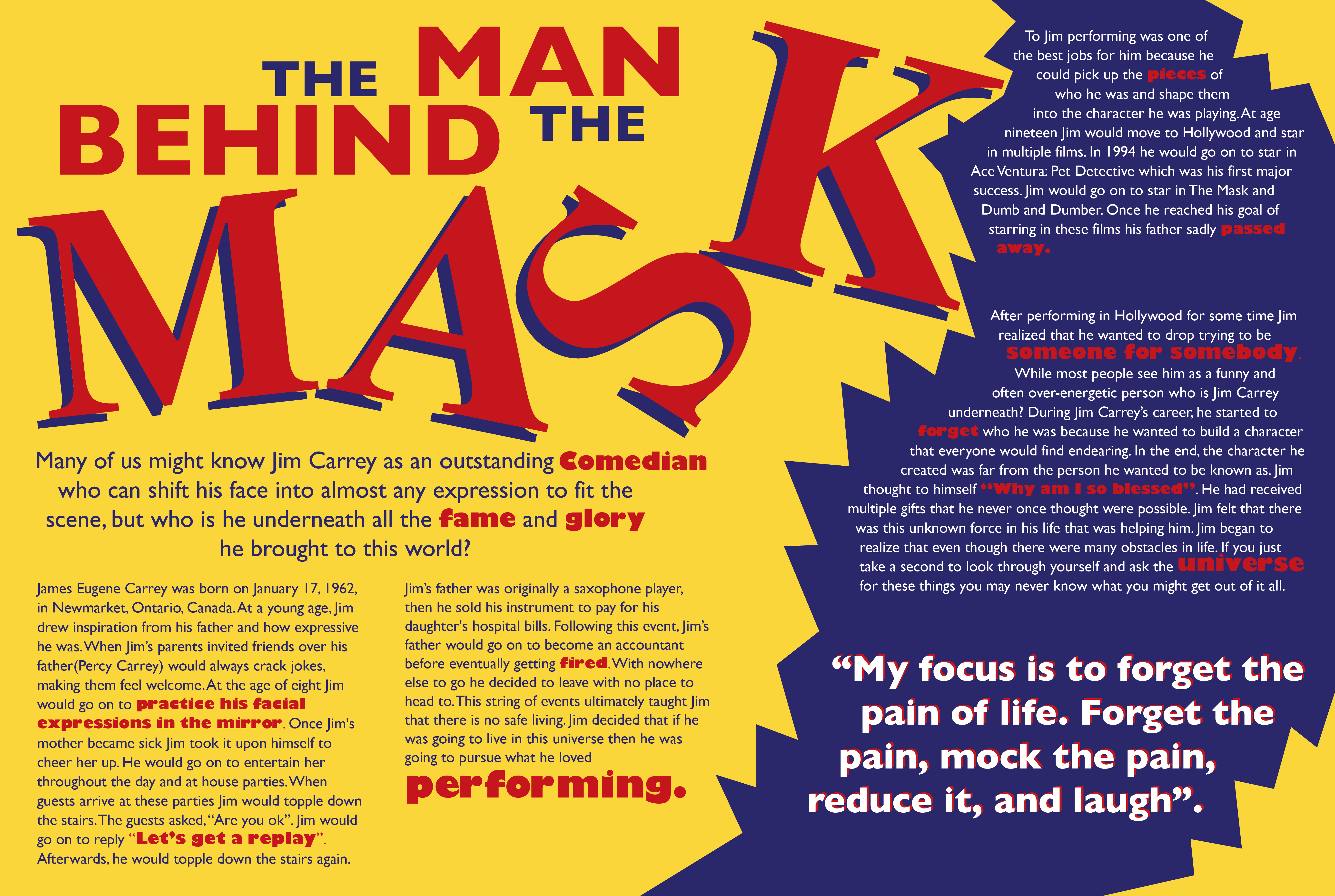 A poster dictating Jim Carrey's life in text form